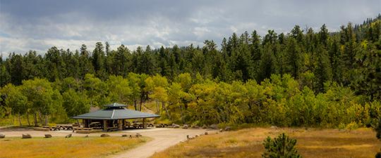 A panoramic view of a large wooden picnic pavilion surrounded by trees and an open grassy field.